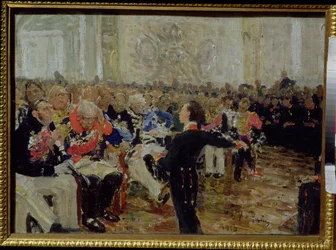 Aleksandr Sergejevitsj Poesjkin (1799-1837) draagt poëzie voor in het Lyceum op 8 januari 1815, 1910